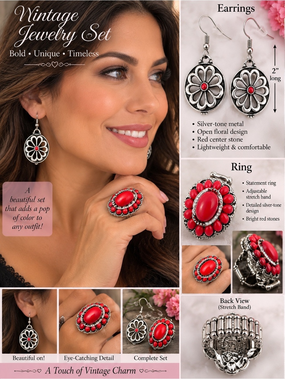 Vintage Silver-Tone Floral Earrings & Red Stone Ring Set